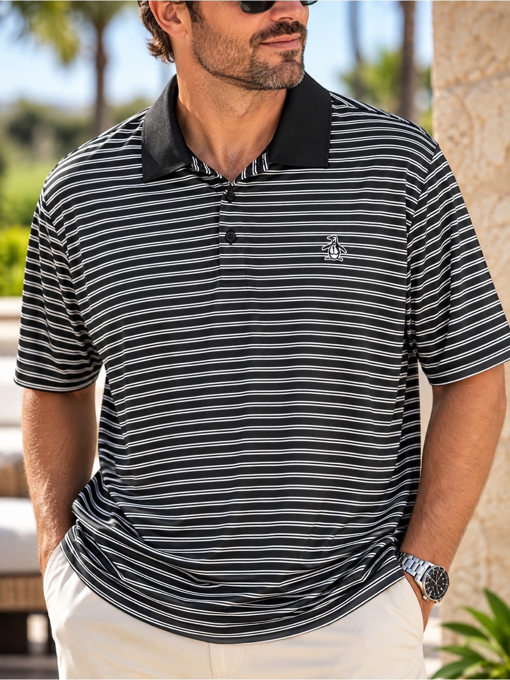 Original Penguin Munsingwear Striped Performance Polo 2XL Black White #597